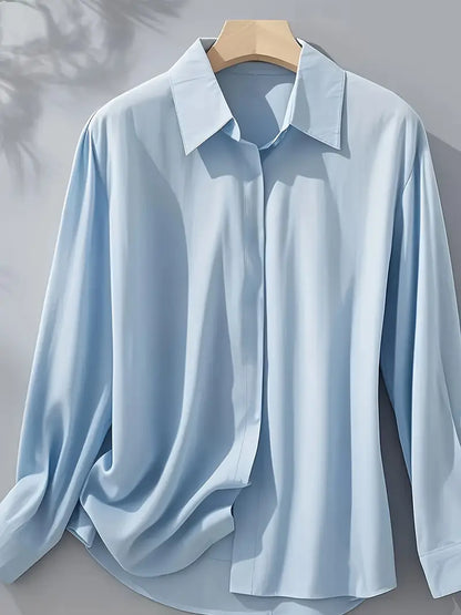 [Elegant French-Style Shirt] Elegant & Sophisticated Women's Light Blue French-Style Long Sleeve Button-Up Shirt |