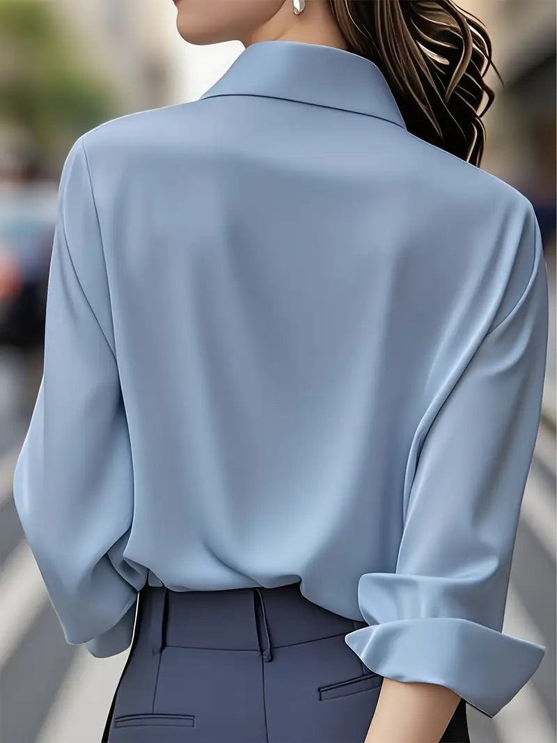 [Elegant French-Style Shirt] Elegant & Sophisticated Women's Light Blue French-Style Long Sleeve Button-Up Shirt |