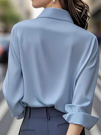[Elegant French-Style Shirt] Elegant & Sophisticated Women's Light Blue French-Style Long Sleeve Button-Up Shirt |
