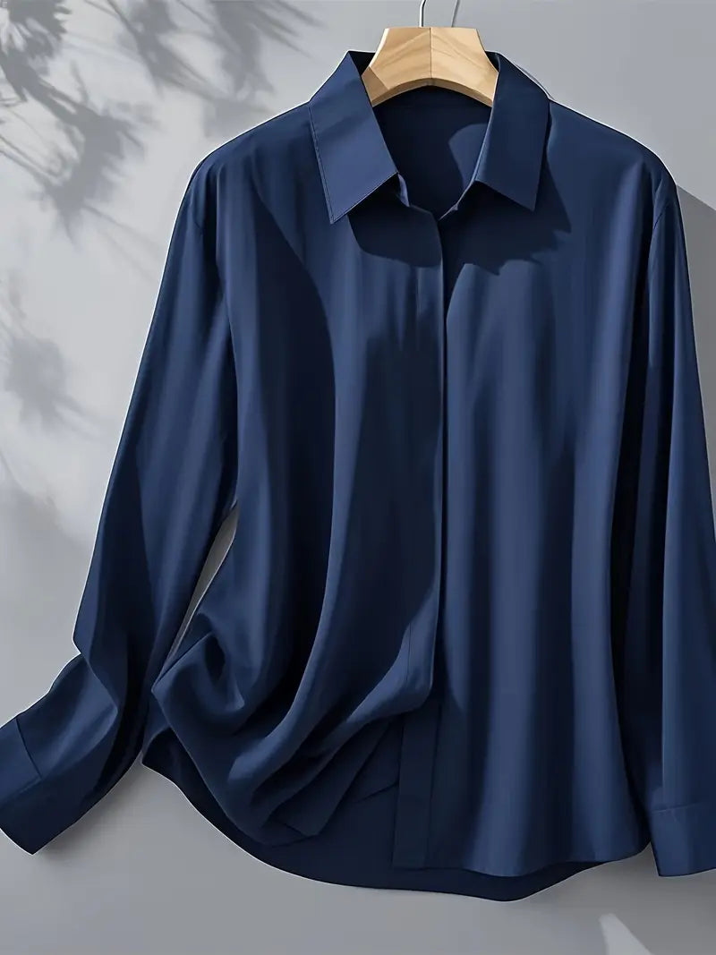 [Elegant French-Style Shirt] Elegant & Sophisticated Women's Light Blue French-Style Long Sleeve Button-Up Shirt |
