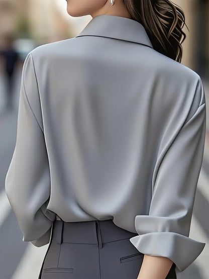 [Elegant French-Style Shirt] Elegant & Sophisticated Women's Light Blue French-Style Long Sleeve Button-Up Shirt |